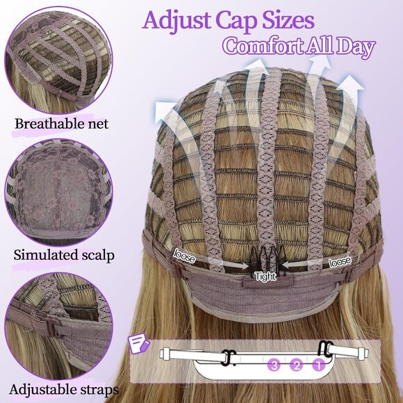 Light Brown Wig with Bangs for Women, Brown Mixed Blonde Layered Curly Wavy Wigs - Picture 9 of 9